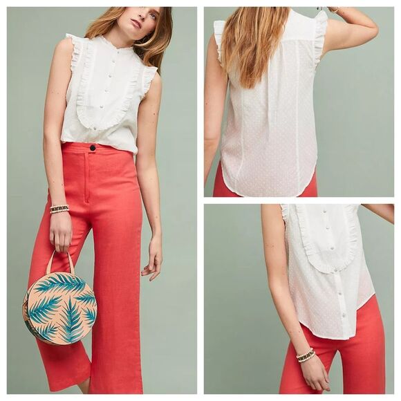 Anthropologie| Feather Bone Soneva Ruffled Blouse Cotton White Size 8 Boho Cotta - Picture 1 of 15